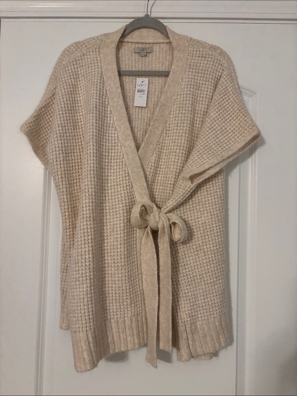 LOFT Neutral Cream Waffle-Knit Tie-Front Sweater Cardigan
